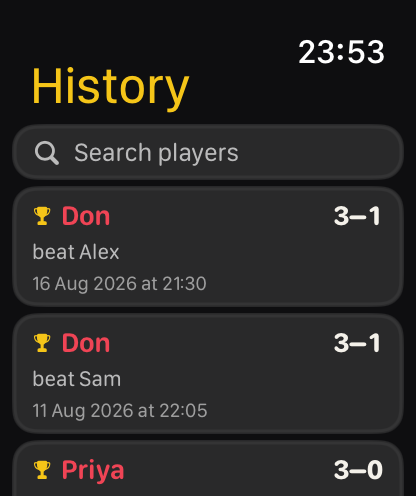 Match history, searchable by player name.