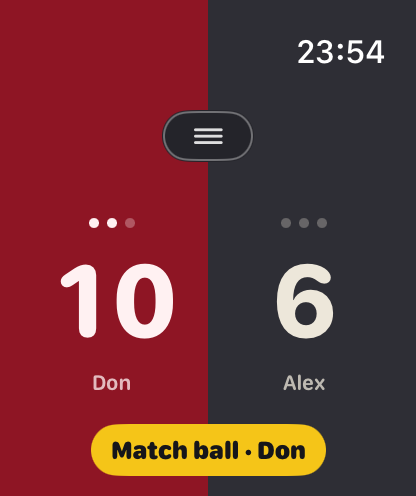The scoring screen showing a Match ball call for Don at 10–6.