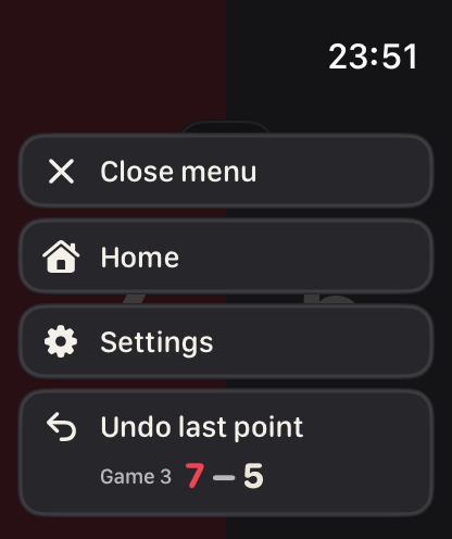 The pause menu, with close, home, settings and undo.