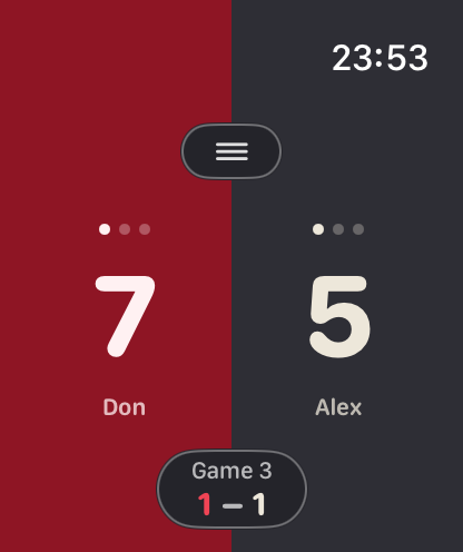 The Squash Score scoring screen: Don leads Alex 7–5 in game 3.